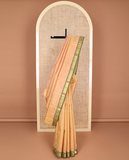 Peach buttas kancheepuram silk saree with contrast korvai intricate zari design border & floral design pallu