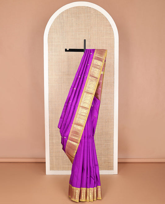 Violet floral design kancheepuram silk saree with contrast border of rekku, banaras , floral design & zari design pallu