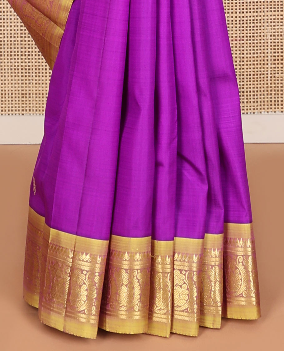Violet floral design kancheepuram silk saree with contrast border of rekku, banaras , floral design & zari design pallu