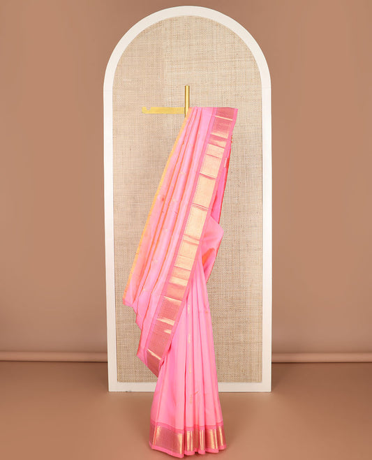 Pink zari buttas kanchipuram silk saree, contrast one-sided border of paneer sombu,banaras,muthu & jaal design & zari design pallu