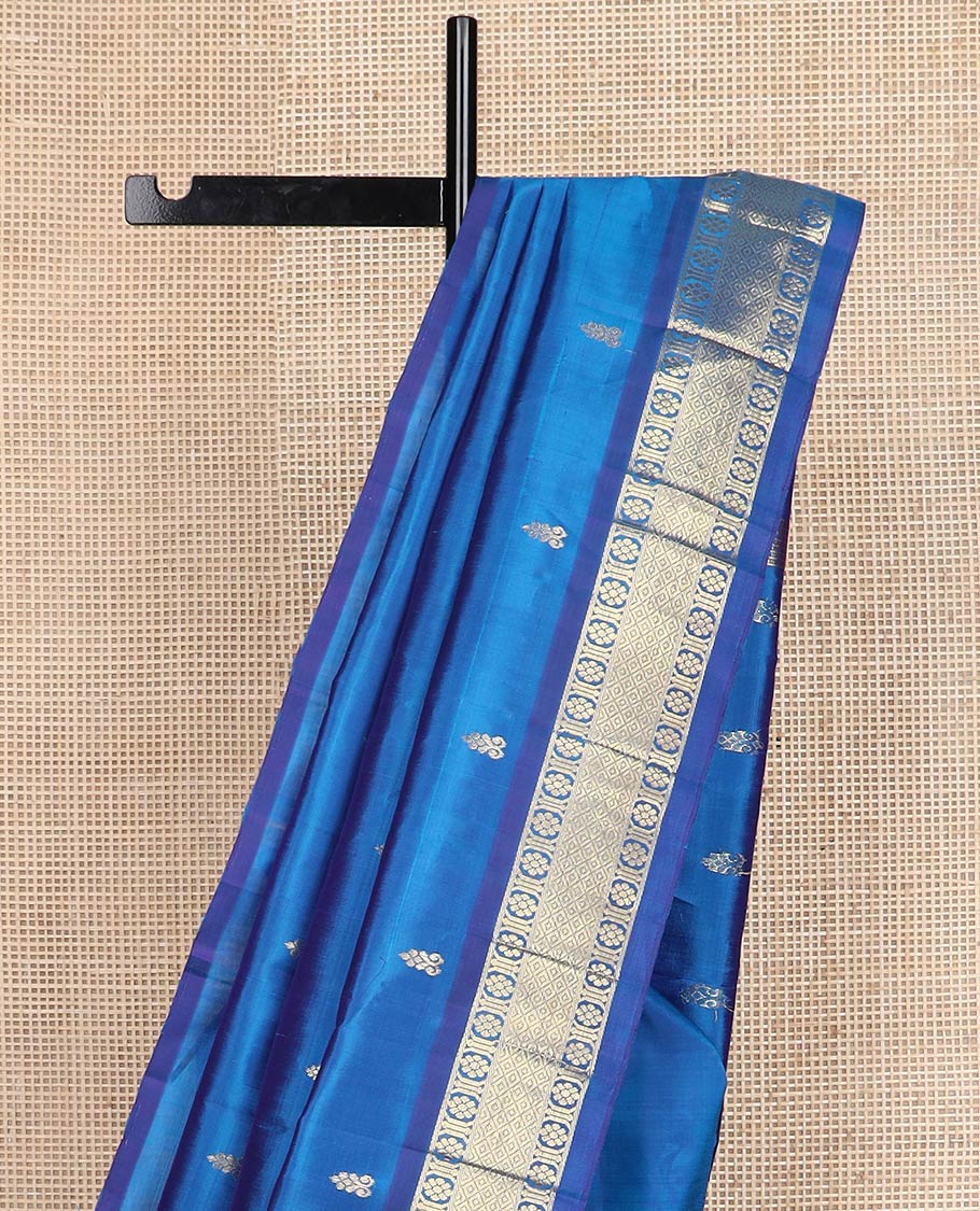 Blue zari buttas kanchipuram silk saree, contrast one-sided border of mayil kann & laddu kamalam designs & zari woven pallu
