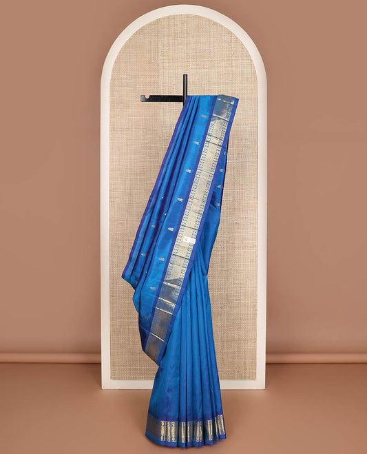 Blue zari buttas kanchipuram silk saree, contrast one-sided border of mayil kann & laddu kamalam designs & zari woven pallu