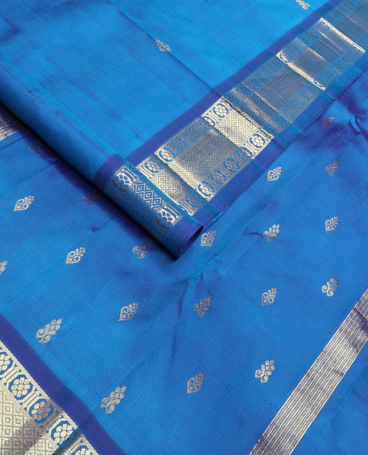 Blue zari buttas kanchipuram silk saree, contrast one-sided border of mayil kann & laddu kamalam designs & zari woven pallu