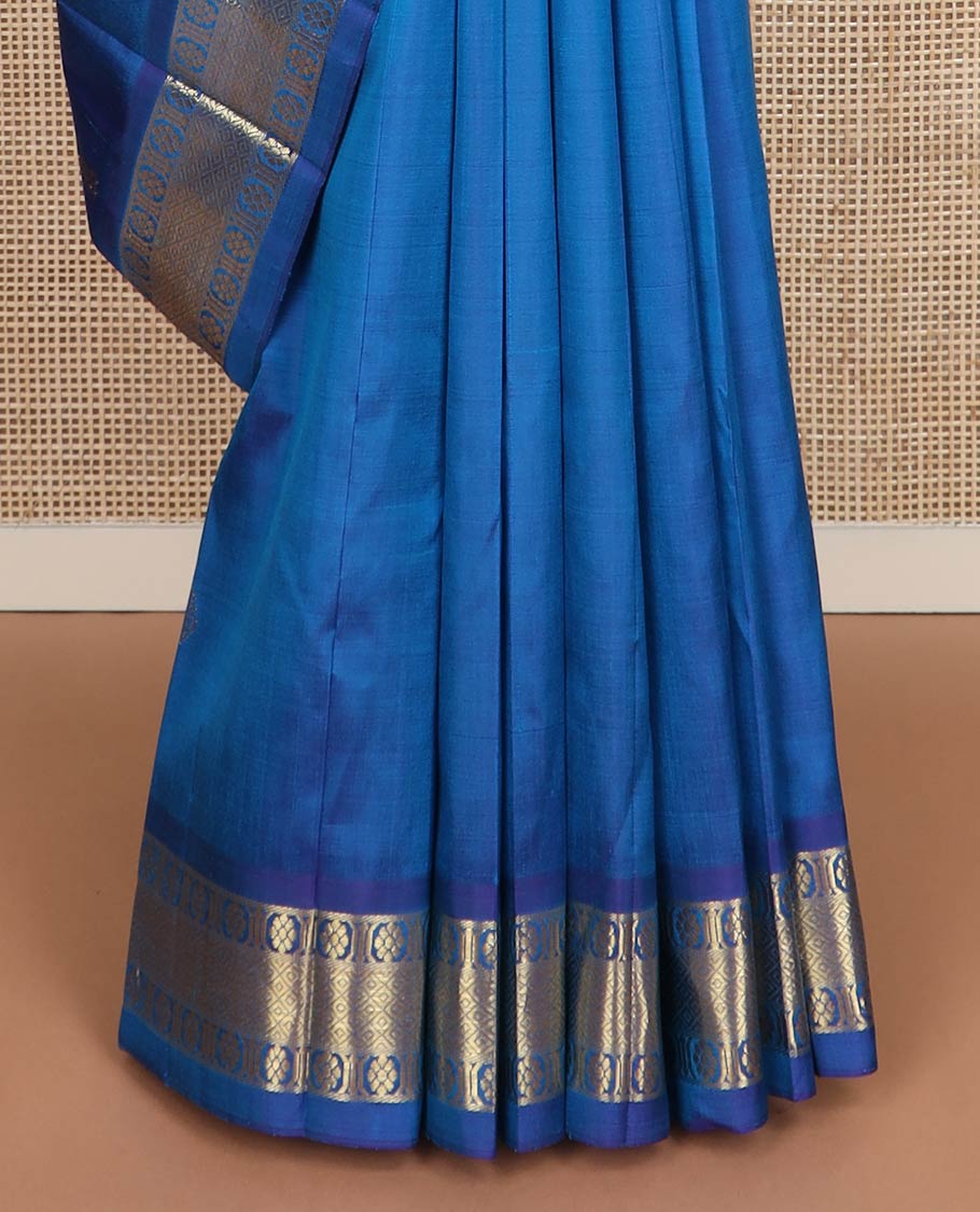 Blue zari buttas kanchipuram silk saree, contrast one-sided border of mayil kann & laddu kamalam designs & zari woven pallu