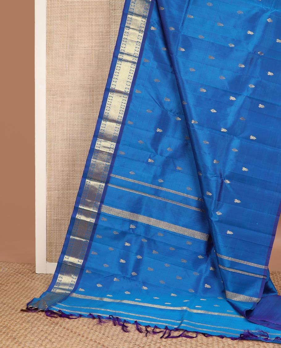 Blue zari buttas kanchipuram silk saree, contrast one-sided border of mayil kann & laddu kamalam designs & zari woven pallu
