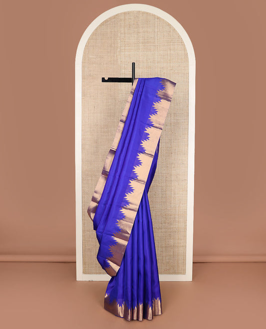 Royal blue plain Kanchipuram silk saree, Thazampoo rekku golden zari border & pallu steeped with geometric patterns