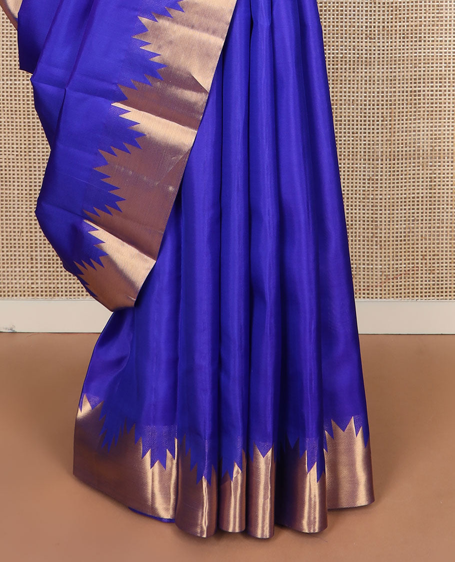 Royal blue plain Kanchipuram silk saree, Thazampoo rekku golden zari border & pallu steeped with geometric patterns