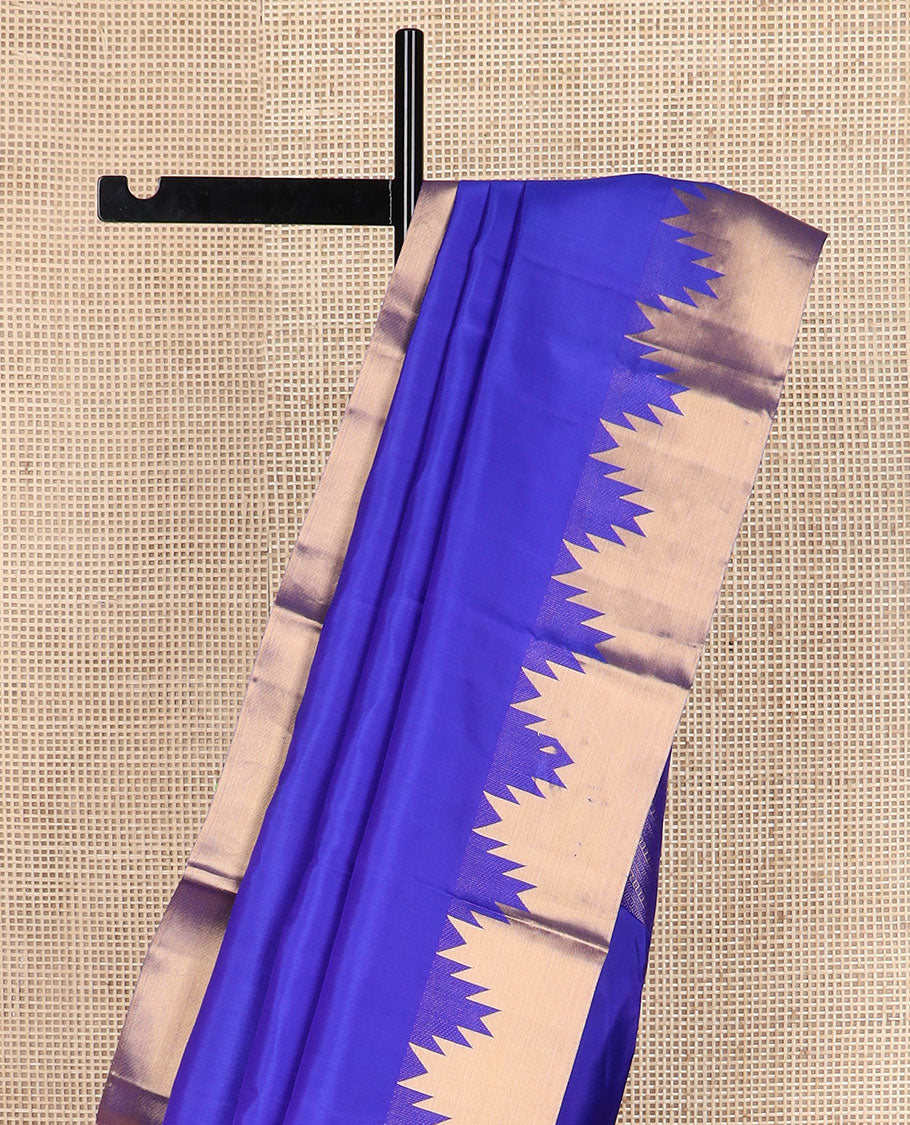 Royal blue plain Kanchipuram silk saree, Thazampoo rekku golden zari border & pallu steeped with geometric patterns