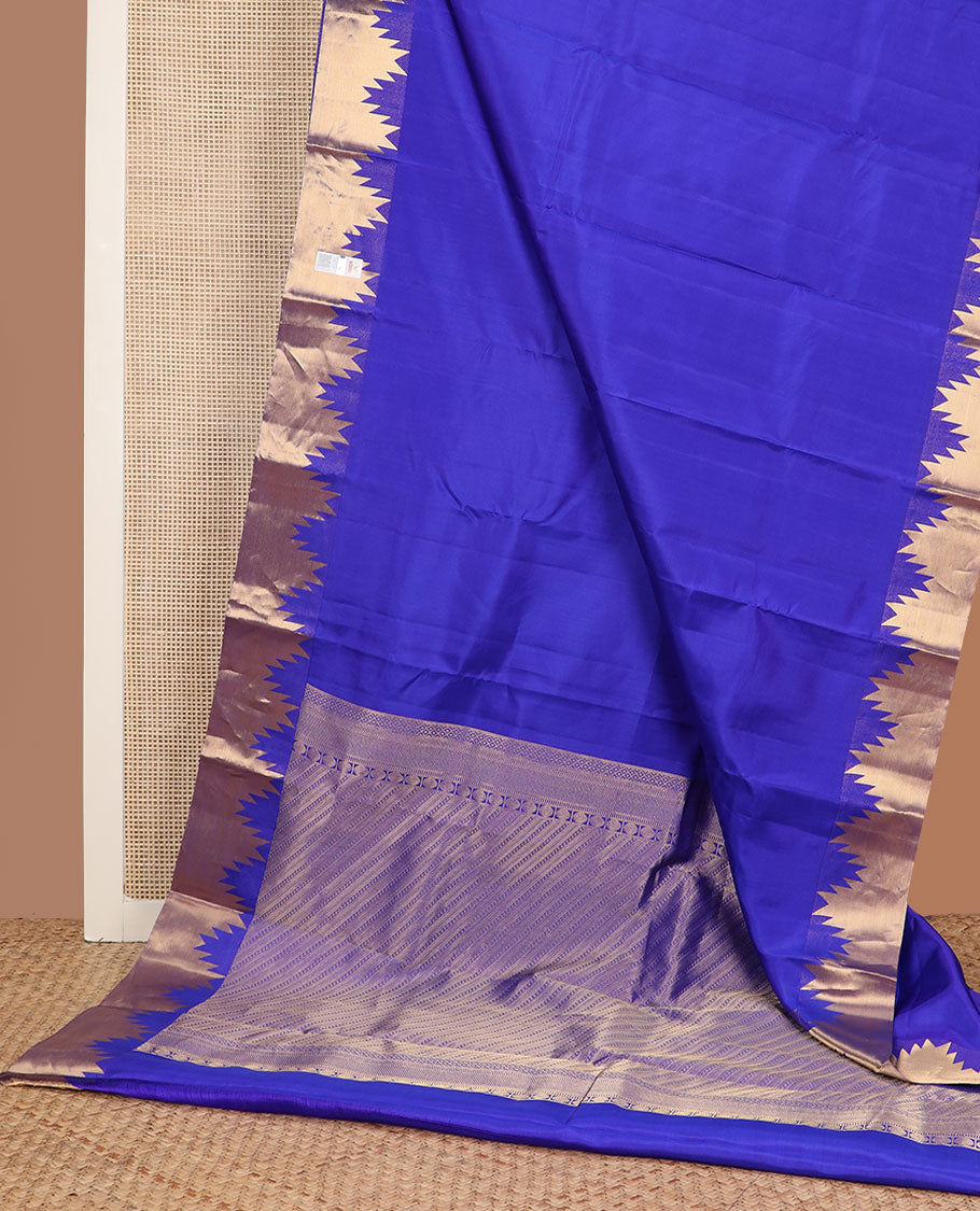 Royal blue plain Kanchipuram silk saree, Thazampoo rekku golden zari border & pallu steeped with geometric patterns