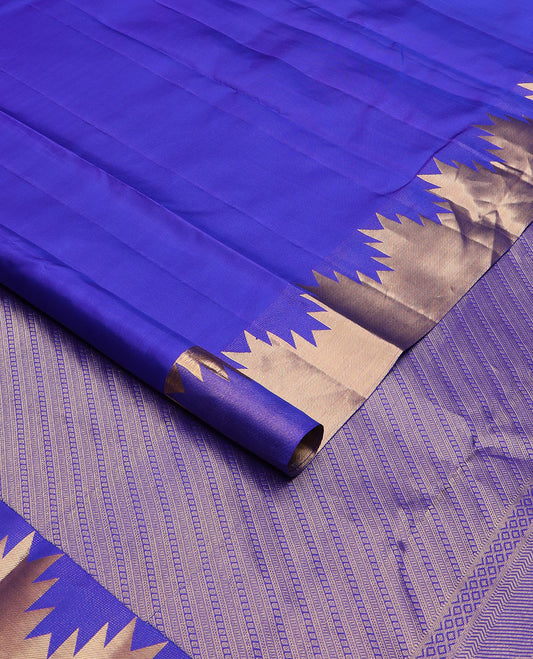 Royal blue plain Kanchipuram silk saree, Thazampoo rekku golden zari border & pallu steeped with geometric patterns