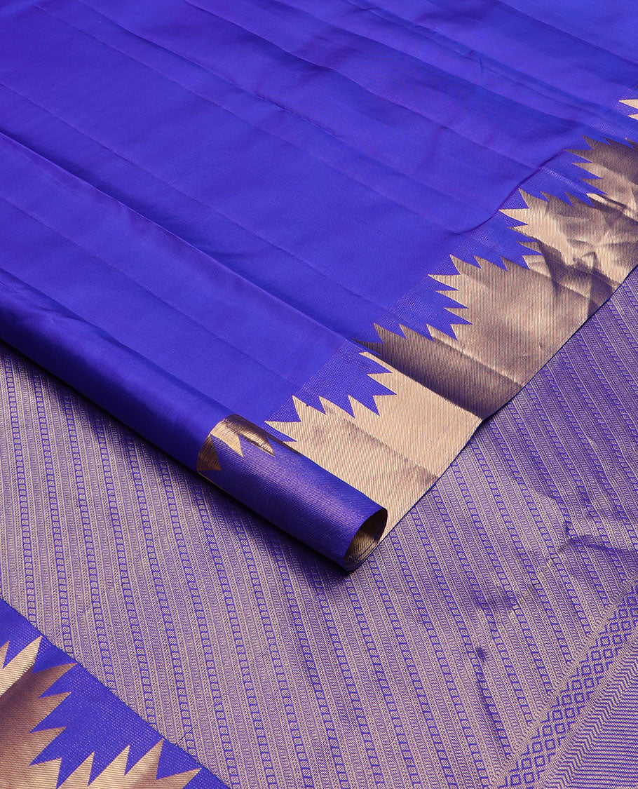 Royal blue plain Kanchipuram silk saree, Thazampoo rekku golden zari border & pallu steeped with geometric patterns