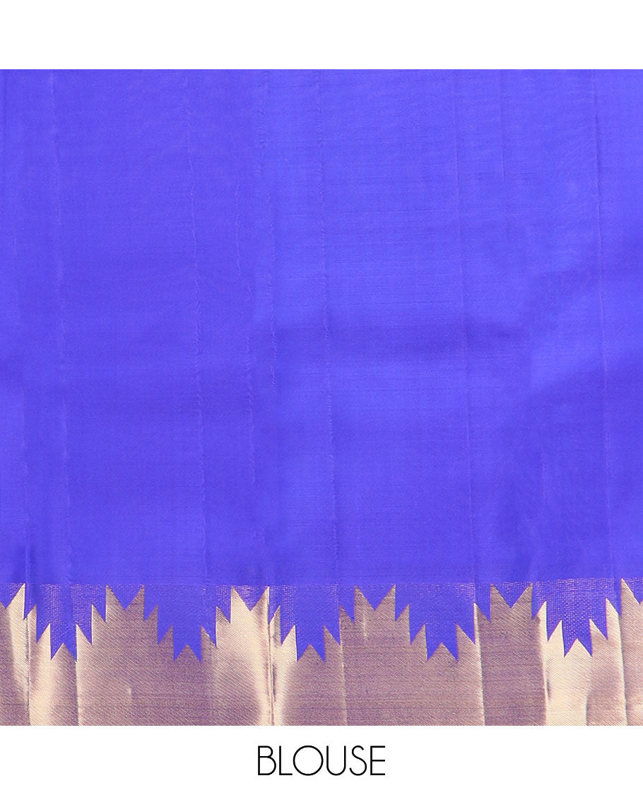 Royal blue plain Kanchipuram silk saree, Thazampoo rekku golden zari border & pallu steeped with geometric patterns