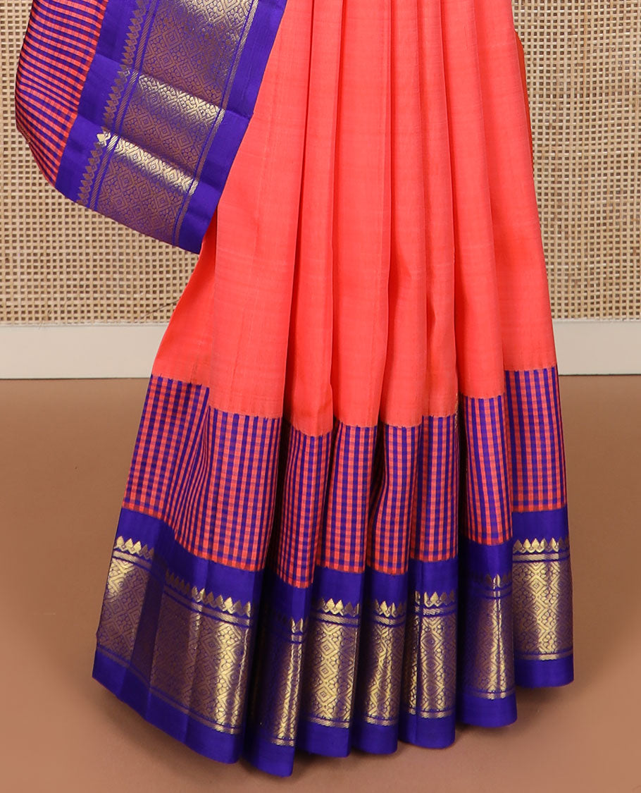 Pink zari buttas Kanchipuram silk saree, contrast micro-checked border of thilakam mokku, banaras & jaal design & zari design pallu