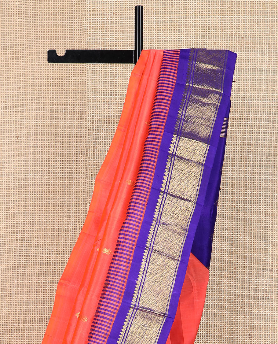 Pink zari buttas Kanchipuram silk saree, contrast micro-checked border of thilakam mokku, banaras & jaal design & zari design pallu