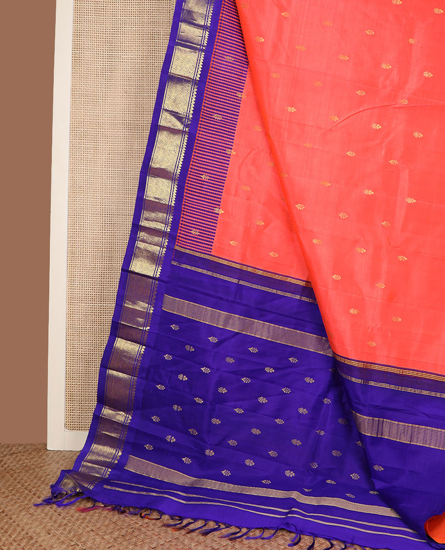 Pink zari buttas Kanchipuram silk saree, contrast micro-checked border of thilakam mokku, banaras & jaal design & zari design pallu