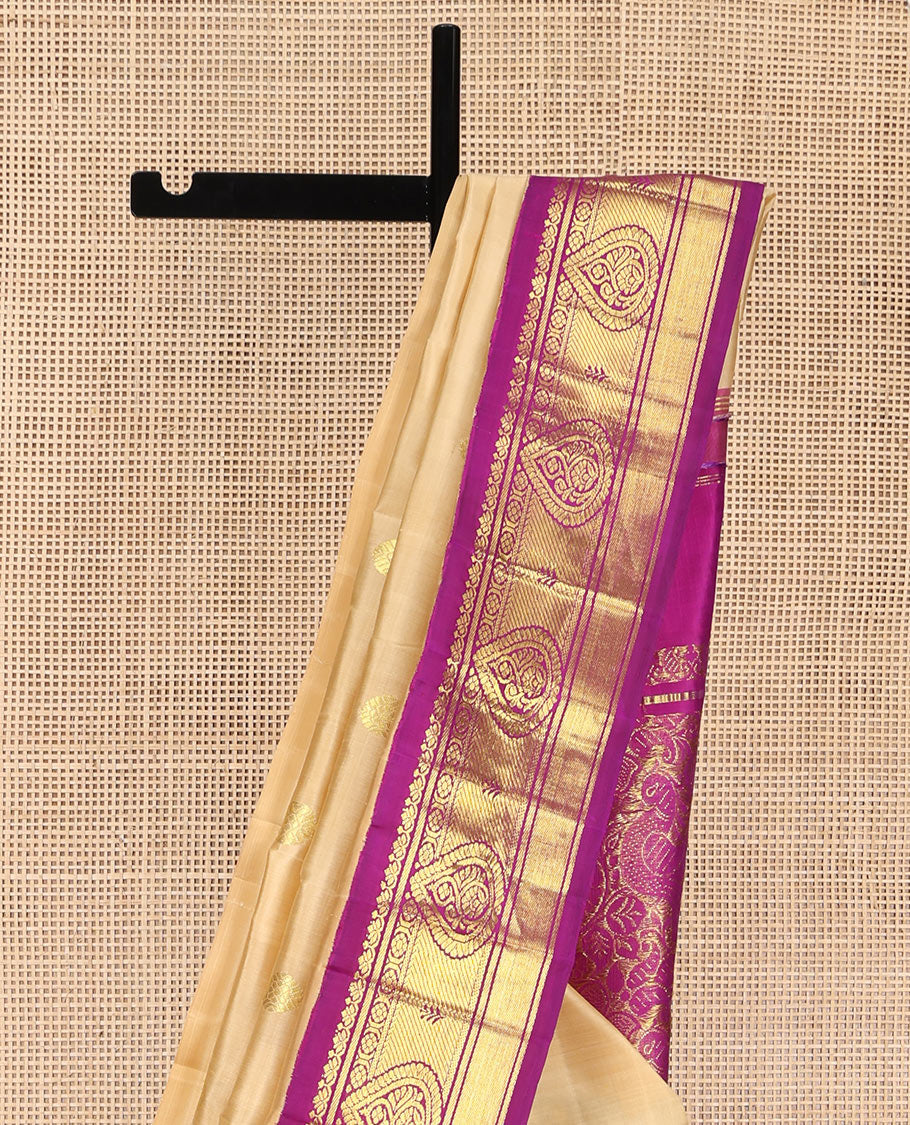 Sandal Kanchipuram Silk Saree, Showcasing Zari Buttas on Its Body, Complemented by Contrast One-Sided  Border, Pallu Features Floral and Bird Designs, and Comes Without a Blouse