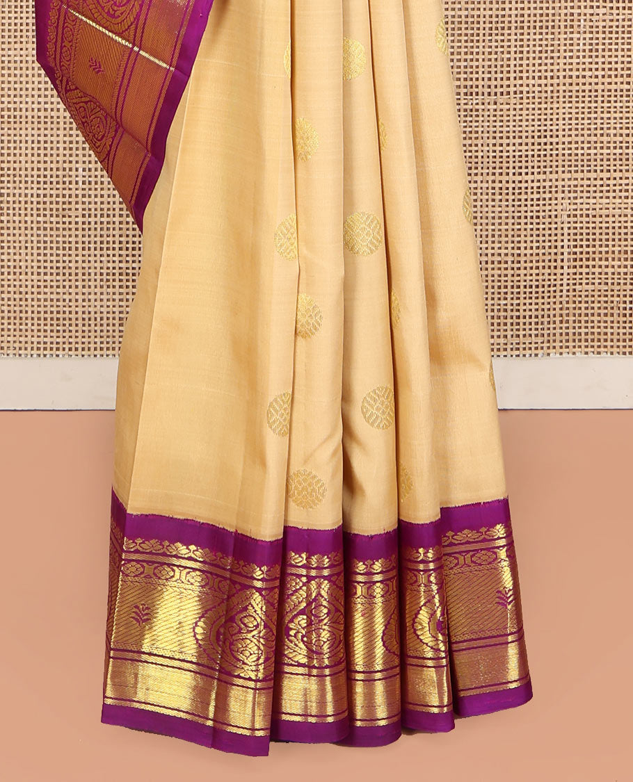 Sandal Kanchipuram Silk Saree, Showcasing Zari Buttas on Its Body, Complemented by Contrast One-Sided  Border, Pallu Features Floral and Bird Designs, and Comes Without a Blouse