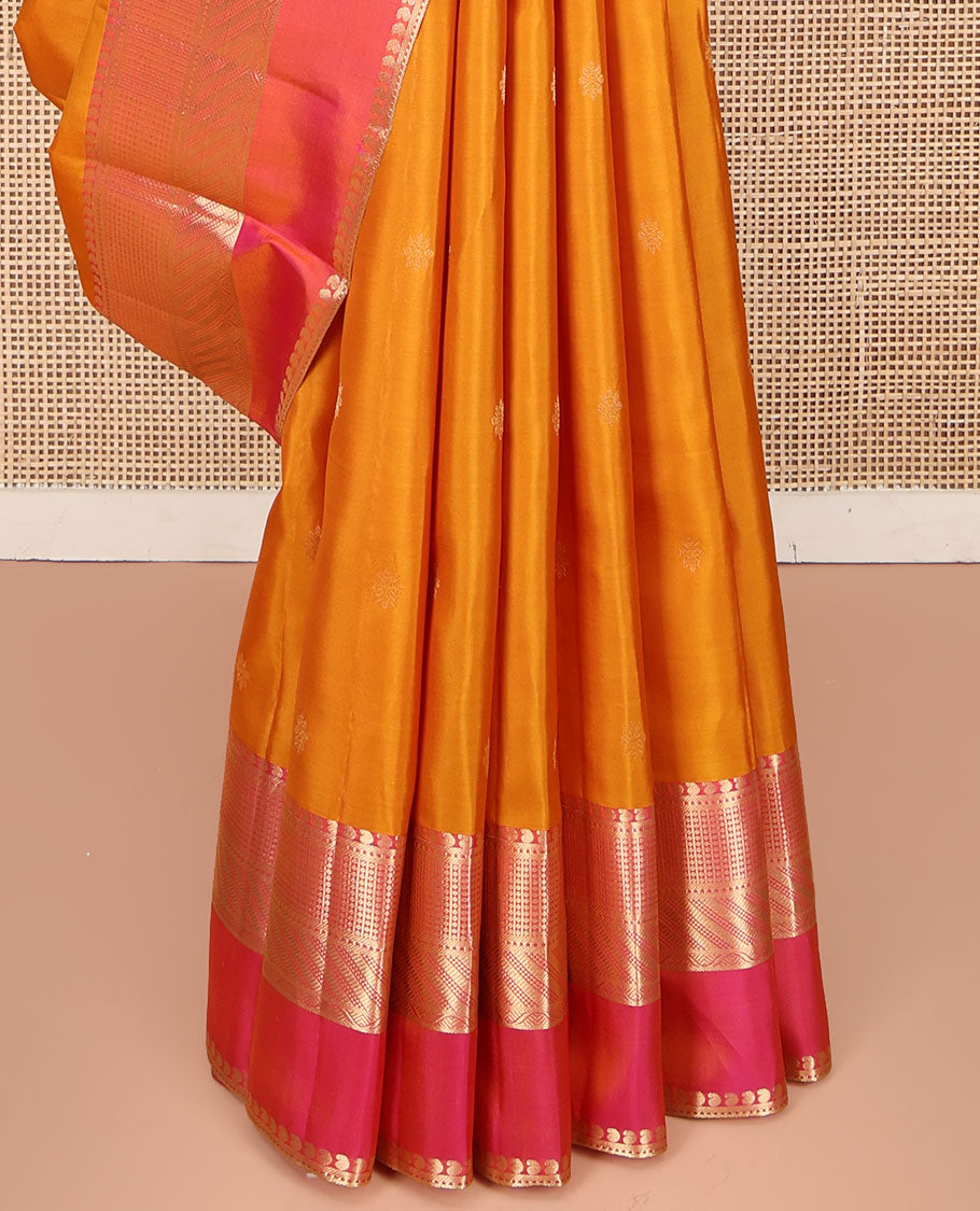 Mango Yellow Kanchipuram Silk Saree, Adorned with Zari Buttas All Over Its Body, Complemented by Contrast Border of Traditional Zari Designs, Grand Diagonal Striped Pallu, and Paired with a Contrast Blouse