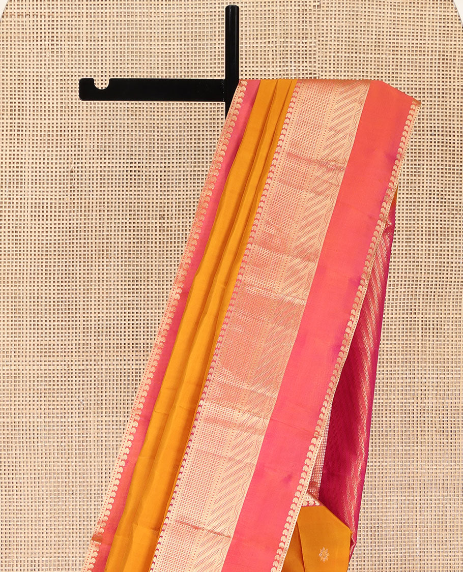 Mango Yellow Kanchipuram Silk Saree, Adorned with Zari Buttas All Over Its Body, Complemented by Contrast Border of Traditional Zari Designs, Grand Diagonal Striped Pallu, and Paired with a Contrast Blouse
