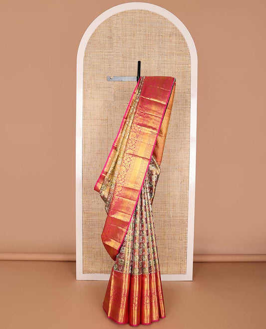 Multi-checkered, animal design kancheepuram silk saree with contrast border of thilakam mokku, banaras, paun design & floral pallu