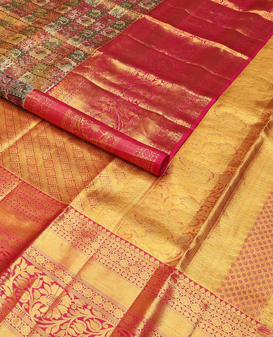 Multi-checkered, animal design kancheepuram silk saree with contrast border of thilakam mokku, banaras, paun design & floral pallu