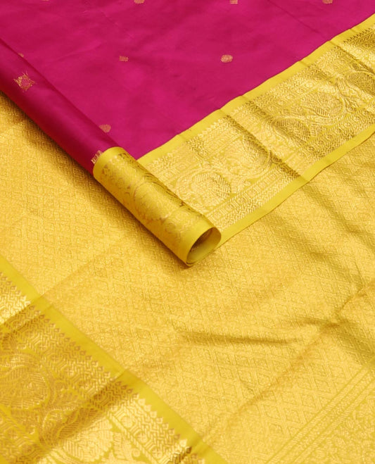 Pink zari buttas silk saree, contrast border of thilakam,neli,banaras,rudraksham & dhavana kodi & jaal design pallu