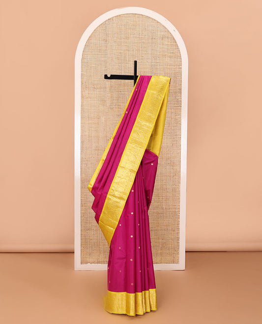 Pink zari buttas silk saree, contrast border of thilakam,neli,banaras,rudraksham & dhavana kodi & jaal design pallu