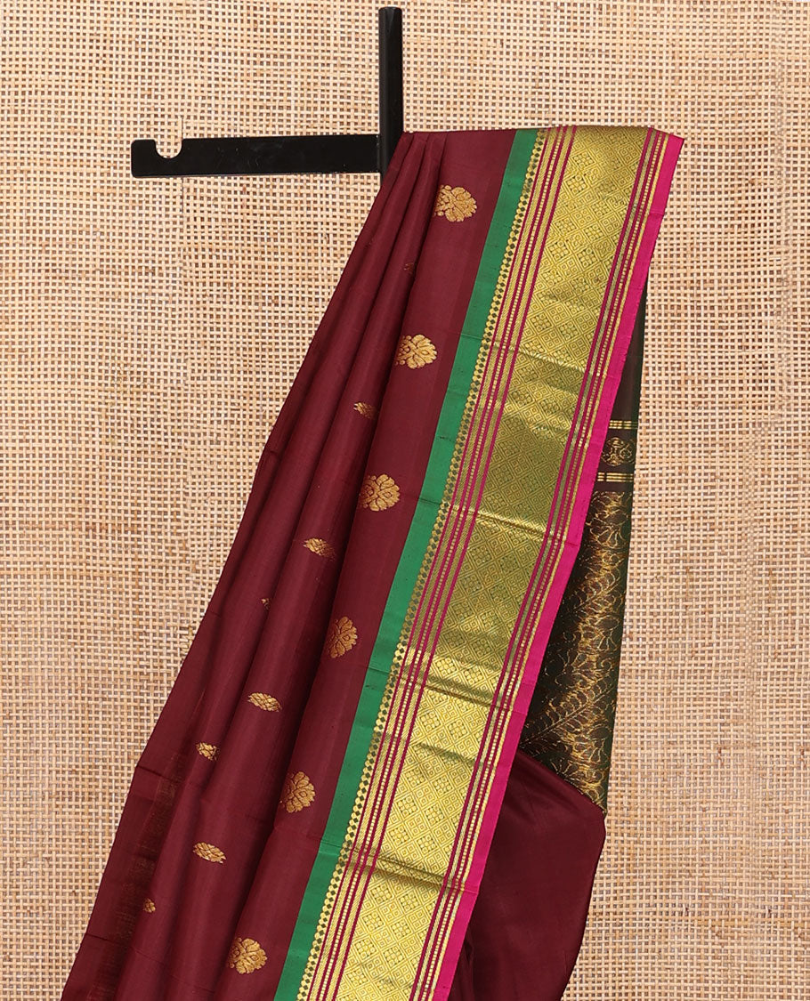 Maroon zari buttas Kanchipuram silk saree, contrast one-sided border of panner sombu,banaras,muthu Jaal & kodi visiry pallu
