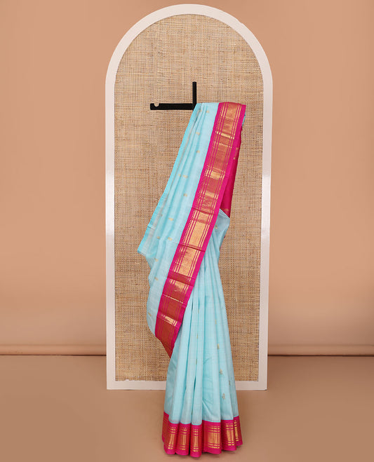 Baby blue  zari buttas Kanchipuram silk saree, one-sided thazampoo rekku zari border & zari design pallu