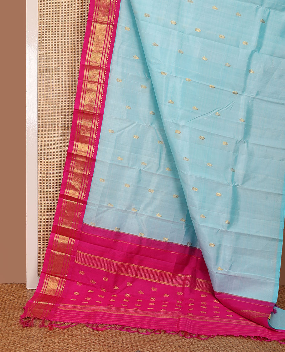 Baby blue  zari buttas Kanchipuram silk saree, one-sided thazampoo rekku zari border & zari design pallu