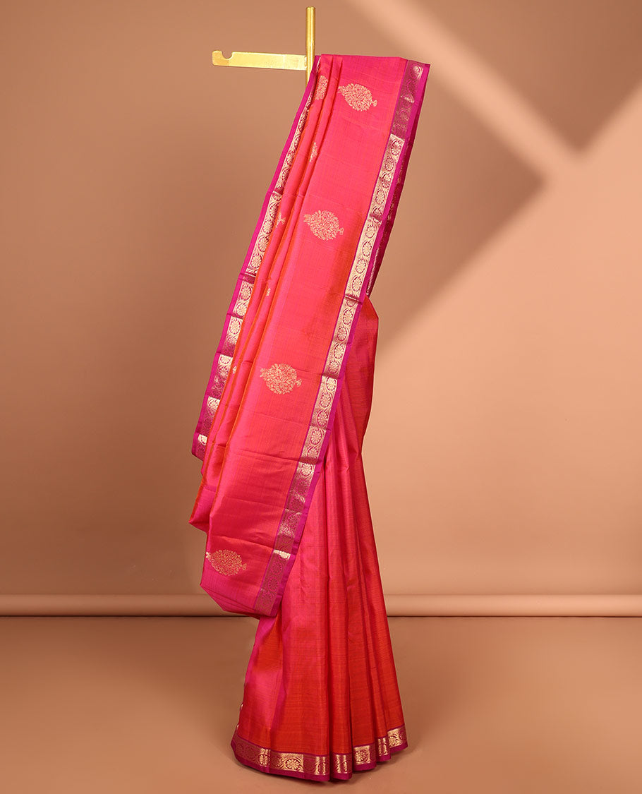 Pink leaf buttas kancheepuram silk saree with contrast zari border & floral, checked zari design pallu