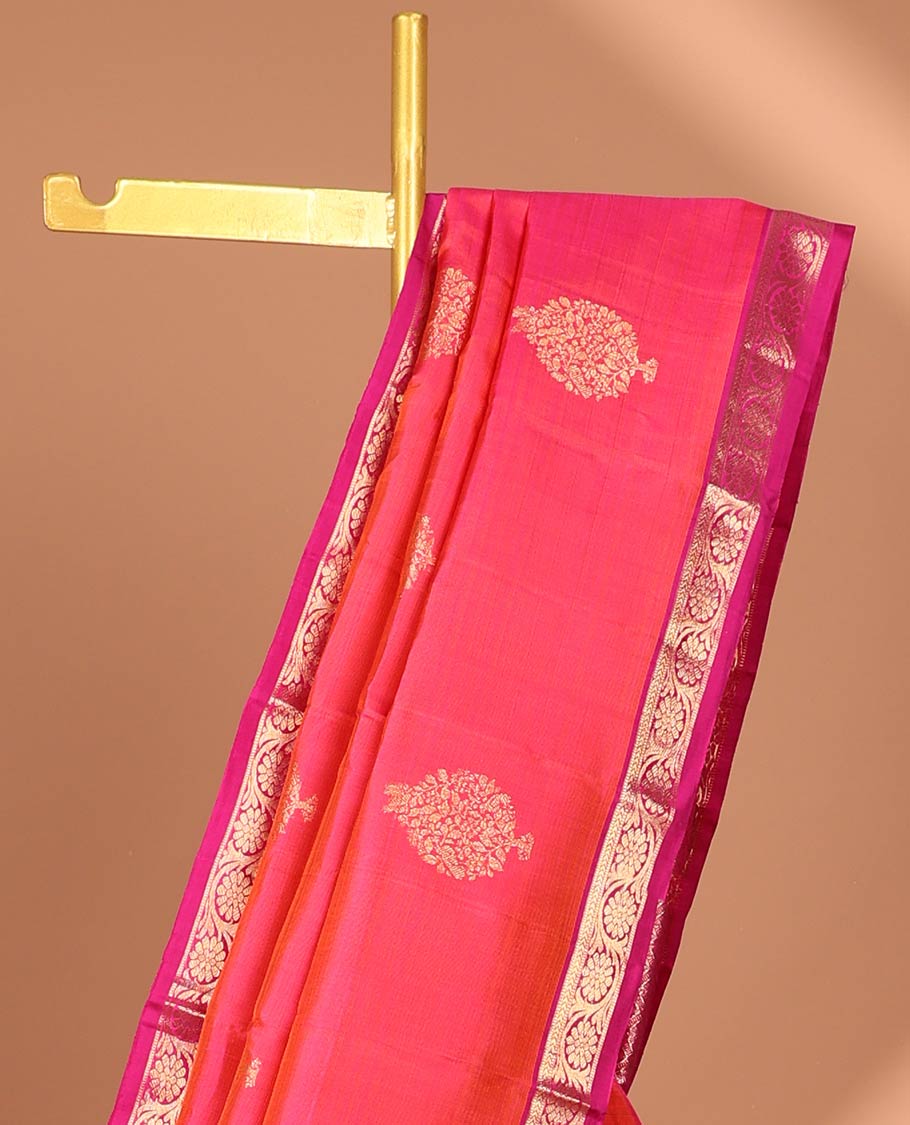 Pink leaf buttas kancheepuram silk saree with contrast zari border & floral, checked zari design pallu