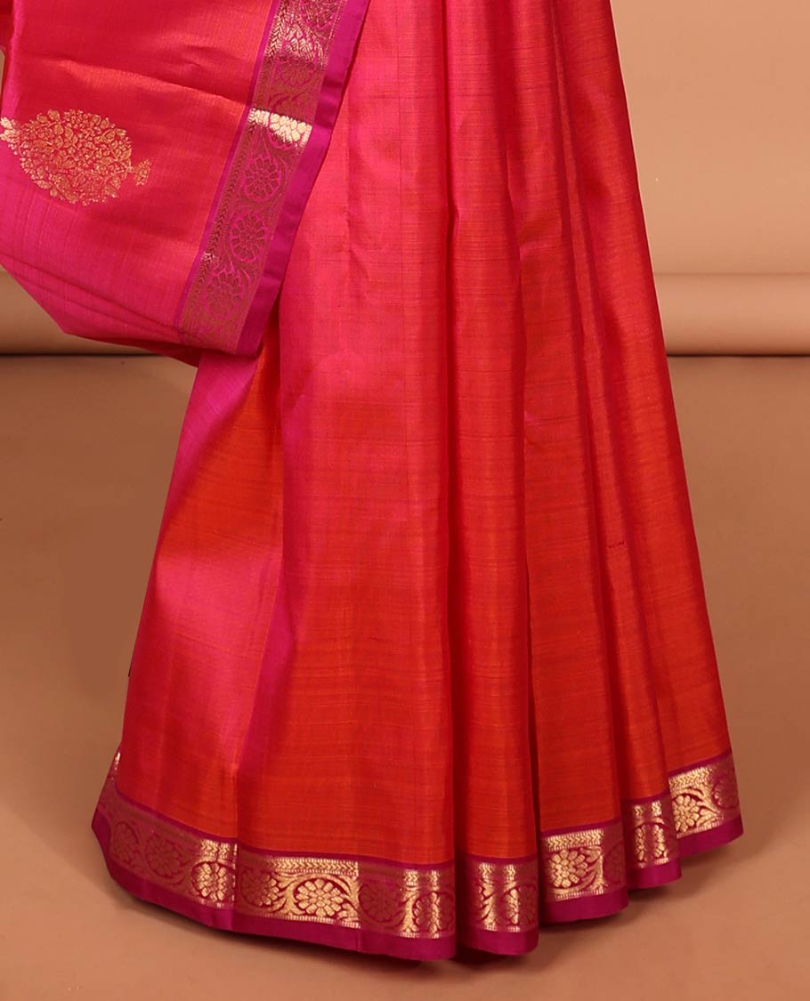 Pink leaf buttas kancheepuram silk saree with contrast zari border & floral, checked zari design pallu