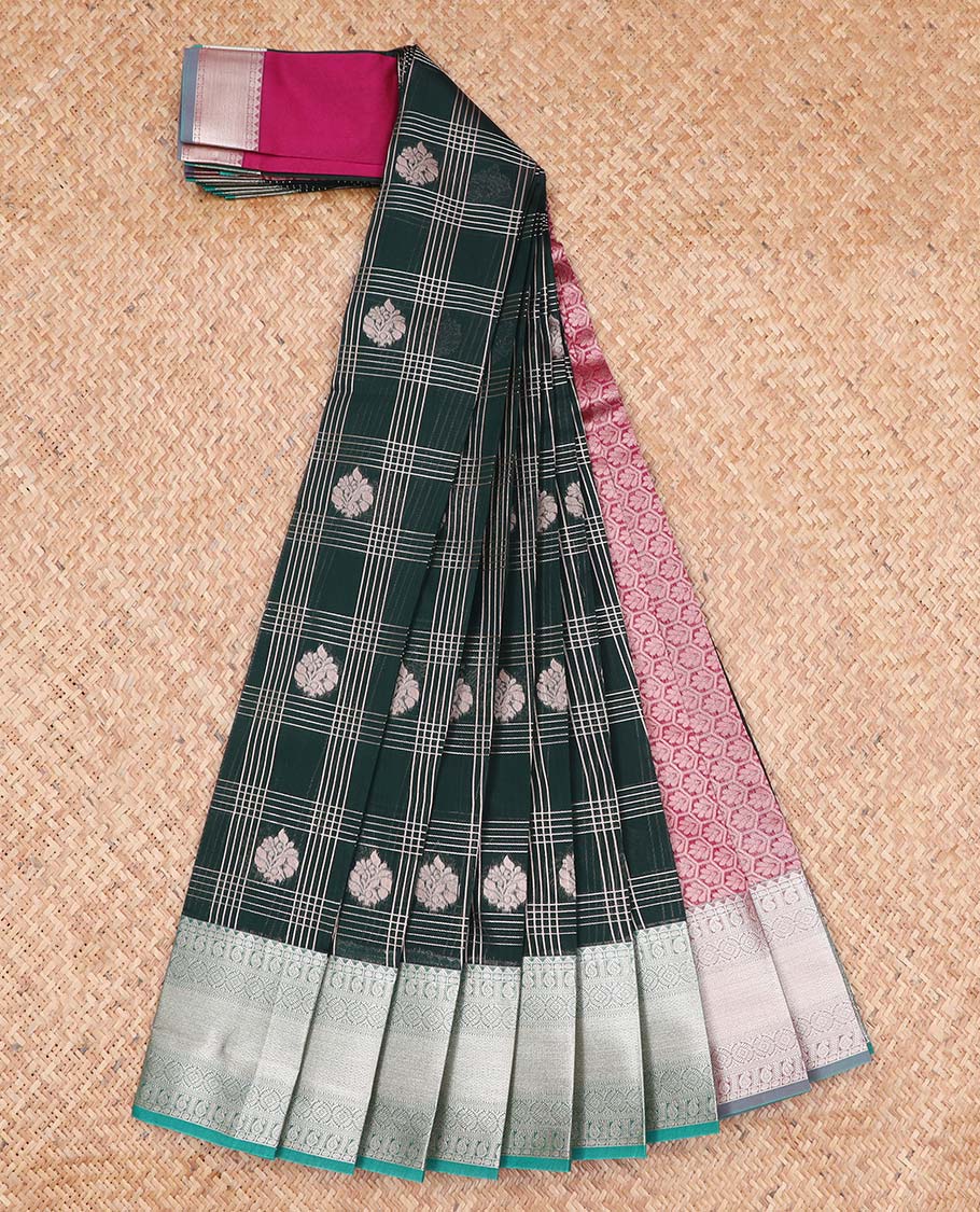 Dark green checked, floral motifs kora cotton saree with contrast zari design border & floral jaal design pallu