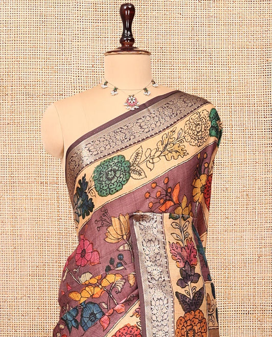 Brown Kalamkari Printed Semi-Banarasi Tussar Saree, Enriched with Floral Design, Zari Border, Contrast Lord Krishna Printed Pallu, and a Contrast Blouse