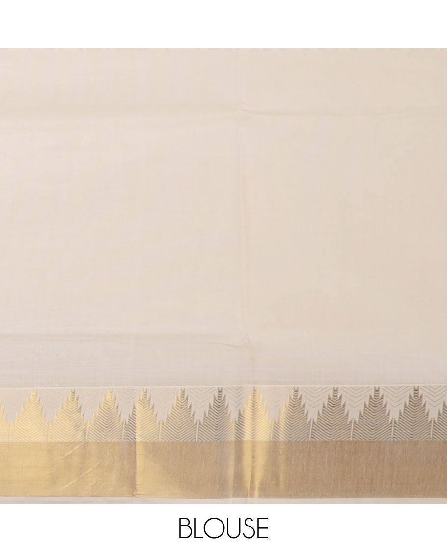Cream zari Pichwai lotus buttas Kerala saree, zari temple border, and pallu of Pichwai lotus motifs
