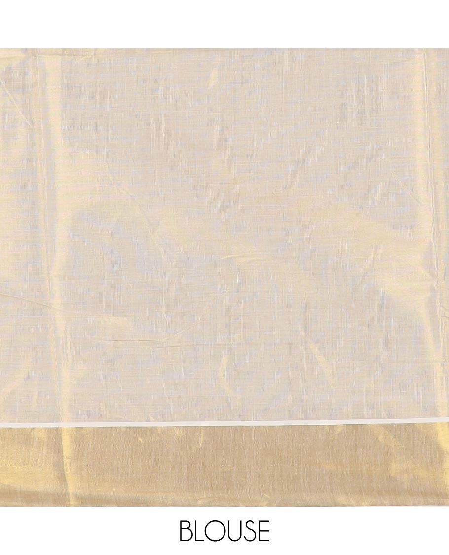 Cream Lord Krishna on the swing design printed Kerala cotton saree, bavanji border, and zari pallu