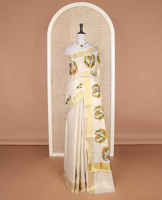 Cream Lord Krishna on the swing design printed Kerala cotton saree, bavanji border, and zari pallu