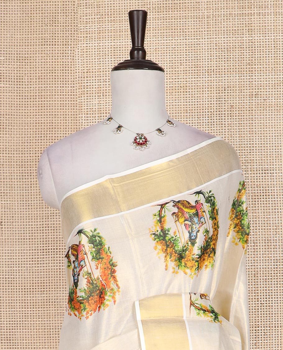 Cream Lord Krishna on the swing design printed Kerala cotton saree, bavanji border, and zari pallu