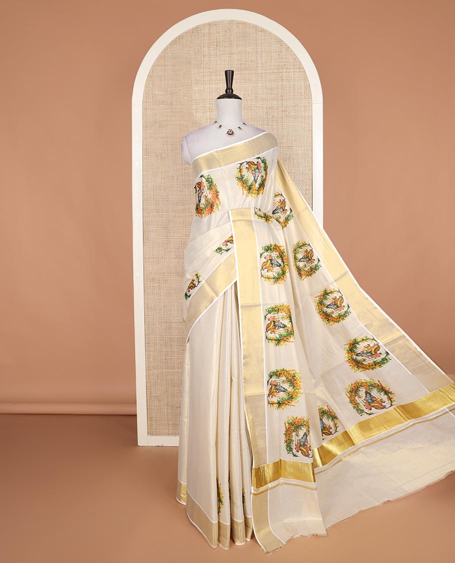 Cream Lord Krishna on the swing design printed Kerala cotton saree, bavanji border, and zari pallu
