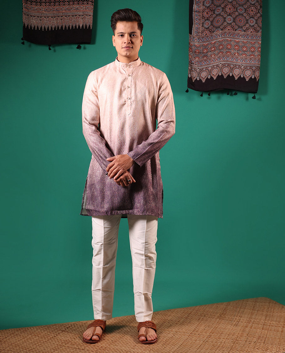 Chikku ombre-toned with sequins embroidered jaal patterned full-sleeved men's kurta
