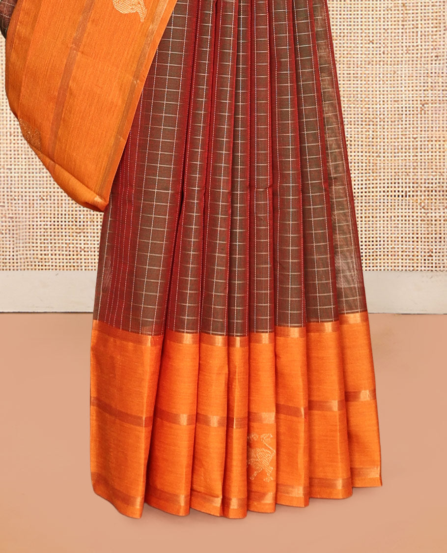 Brown Checked Kuppadam Silk Saree, a Contrast Traditional Yazhi Border, Grand Pallu, a Matching Blouse