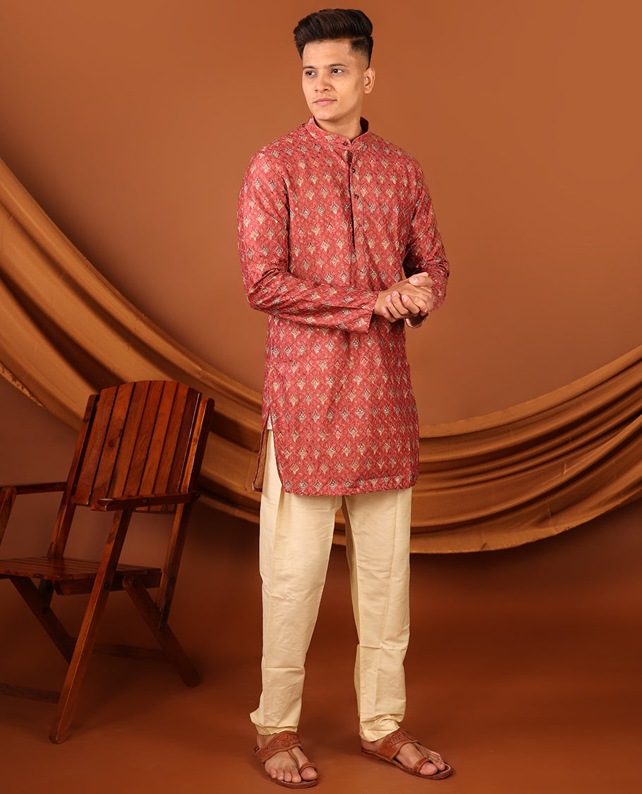 Red Unique Motifs Printed Full-Sleeved Men's Kurta
