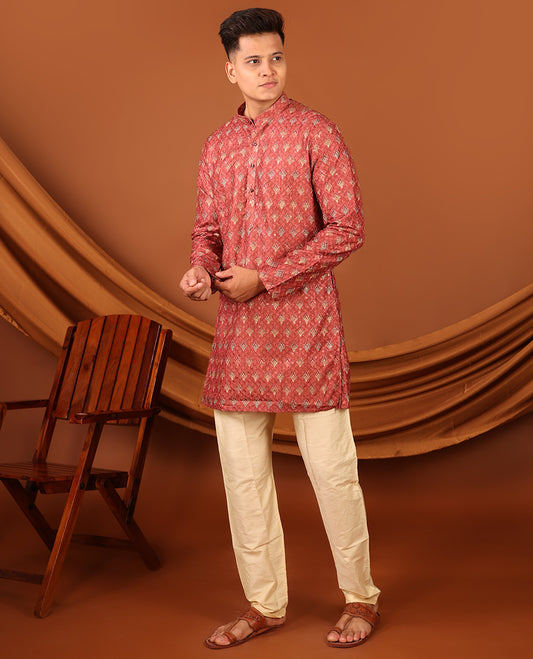 Red Unique Motifs Printed Full-Sleeved Men's Kurta