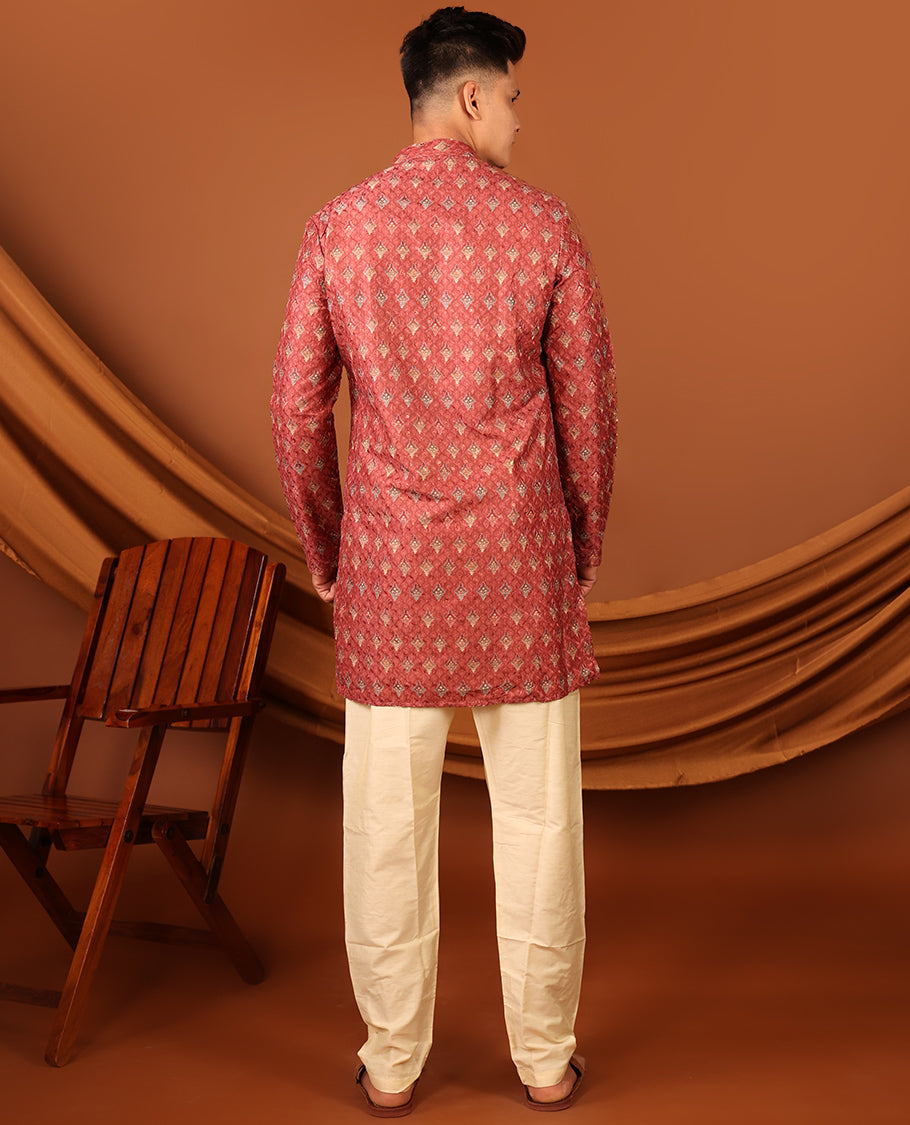 Red Unique Motifs Printed Full-Sleeved Men's Kurta