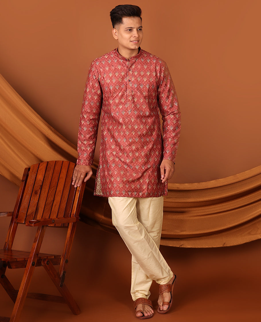 Red Unique Motifs Printed Full-Sleeved Men's Kurta