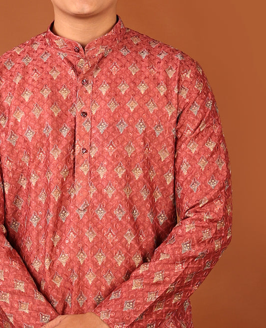 Red Unique Motifs Printed Full-Sleeved Men's Kurta