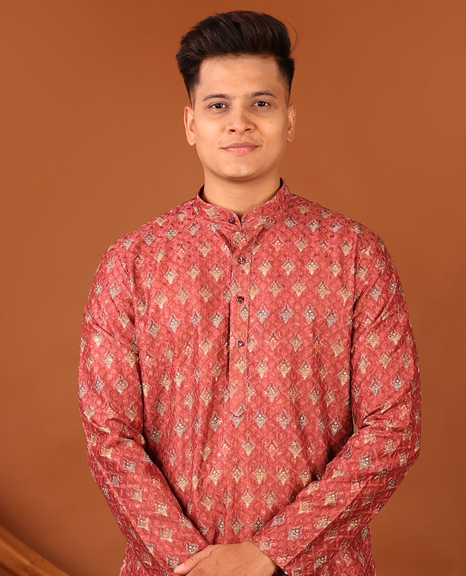 Red Unique Motifs Printed Full-Sleeved Men's Kurta