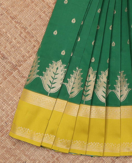 Green Litchi Saree, Detailed with Zari Buttas, a Contrast Traditional Rettai Pettu Border, Grand Pallu, and a Contrast Blouse