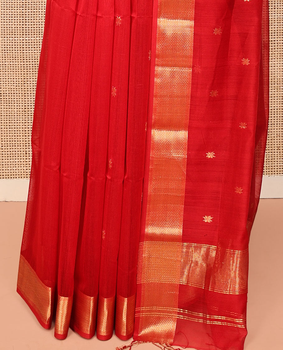 Red Maheshwari Cotton Saree, Adorned with Floral Buttas on Its Body, Highlighted by a Traditional Zari Design Border, Pallu of Zari Design, and Paired with a Matching Blouse